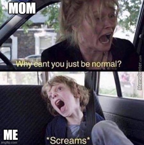 Why Can't You Just Be Normal | MOM; ME | image tagged in why can't you just be normal | made w/ Imgflip meme maker