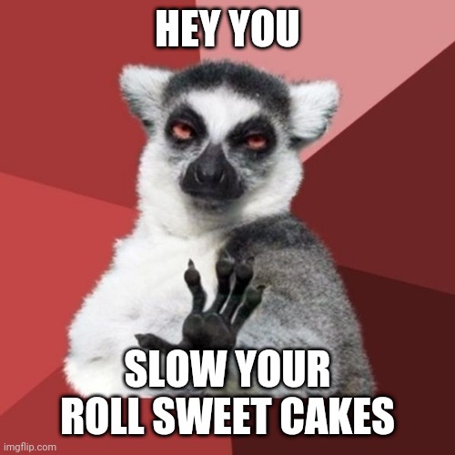 Chill Out Lemur | HEY YOU; SLOW YOUR ROLL SWEET CAKES | image tagged in memes,chill out lemur | made w/ Imgflip meme maker