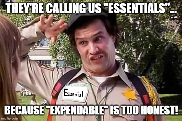 Essential | THEY'RE CALLING US "ESSENTIALS"... BECAUSE "EXPENDABLE" IS TOO HONEST! | image tagged in essential | made w/ Imgflip meme maker