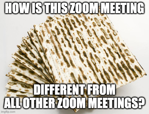 Why is this Zoom meeting different form all others? | HOW IS THIS ZOOM MEETING; DIFFERENT FROM ALL OTHER ZOOM MEETINGS? | image tagged in zoom,passover | made w/ Imgflip meme maker