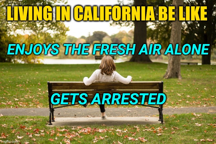 Democratic California Fines & Arrests Citizens Like a Communist Country For Coronavirus Public Law Violations | LIVING IN CALIFORNIA BE LIKE; ENJOYS THE FRESH AIR ALONE; GETS ARRESTED | image tagged in california,communist socialist,democratic party,coronavirus,law and order | made w/ Imgflip meme maker