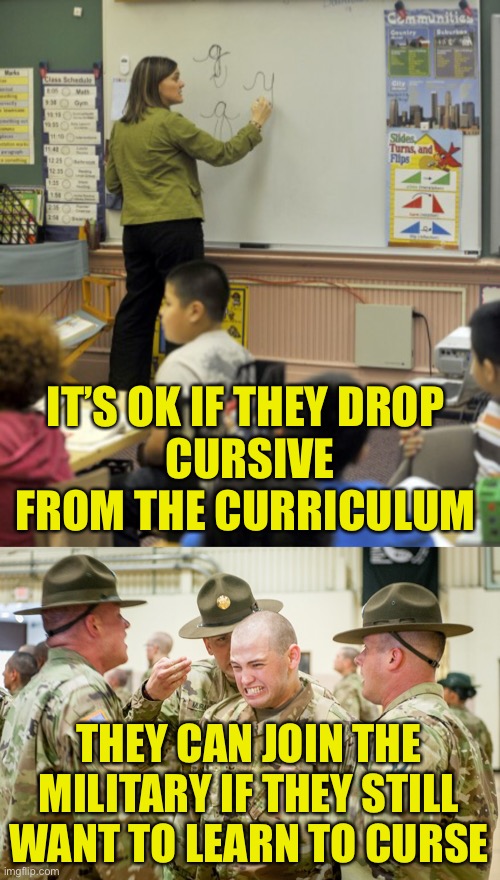 Writing Wrongs | IT’S OK IF THEY DROP 
CURSIVE FROM THE CURRICULUM; THEY CAN JOIN THE MILITARY IF THEY STILL WANT TO LEARN TO CURSE | image tagged in curse,cursive,curriculum | made w/ Imgflip meme maker