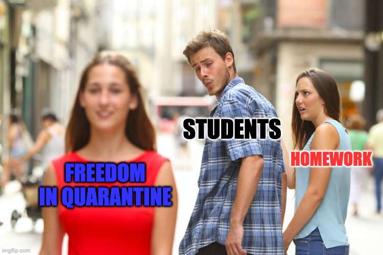 Distracted Boyfriend Meme | STUDENTS; HOMEWORK; FREEDOM IN QUARANTINE | image tagged in memes,distracted boyfriend | made w/ Imgflip meme maker
