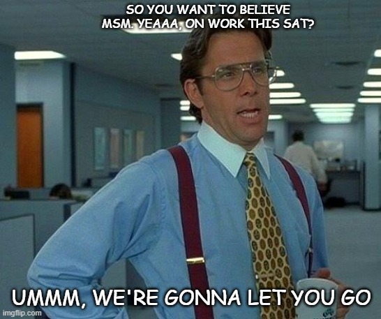 That Would Be Great Meme | SO YOU WANT TO BELIEVE MSM. YEAAA, ON WORK THIS SAT? UMMM, WE'RE GONNA LET YOU GO | image tagged in memes,that would be great | made w/ Imgflip meme maker