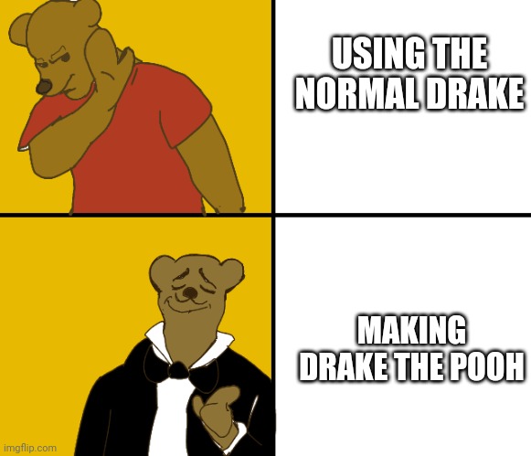 Drake the pooh | USING THE NORMAL DRAKE; MAKING DRAKE THE POOH | image tagged in drake the pooh | made w/ Imgflip meme maker