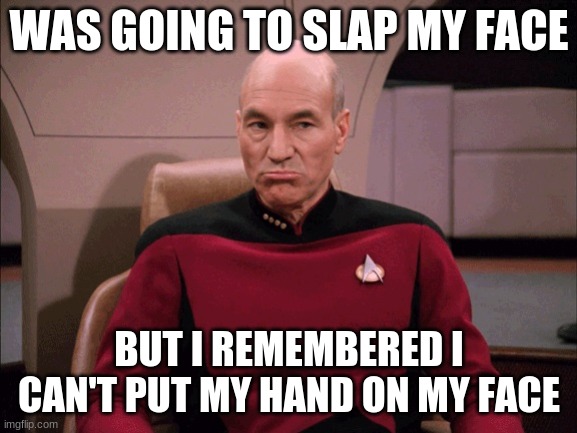you're welcome TrainWreck | WAS GOING TO SLAP MY FACE; BUT I REMEMBERED I CAN'T PUT MY HAND ON MY FACE | image tagged in picard frowny face | made w/ Imgflip meme maker