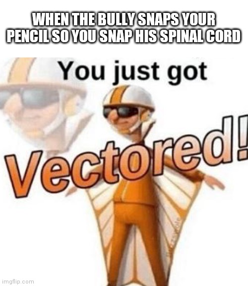 You just got vectored | WHEN THE BULLY SNAPS YOUR PENCIL SO YOU SNAP HIS SPINAL CORD | image tagged in you just got vectored | made w/ Imgflip meme maker