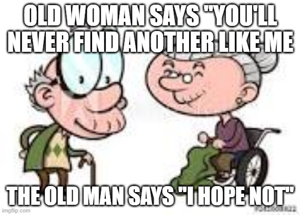 old folks | OLD WOMAN SAYS "YOU'LL NEVER FIND ANOTHER LIKE ME; THE OLD MAN SAYS "I HOPE NOT" | image tagged in old folks | made w/ Imgflip meme maker