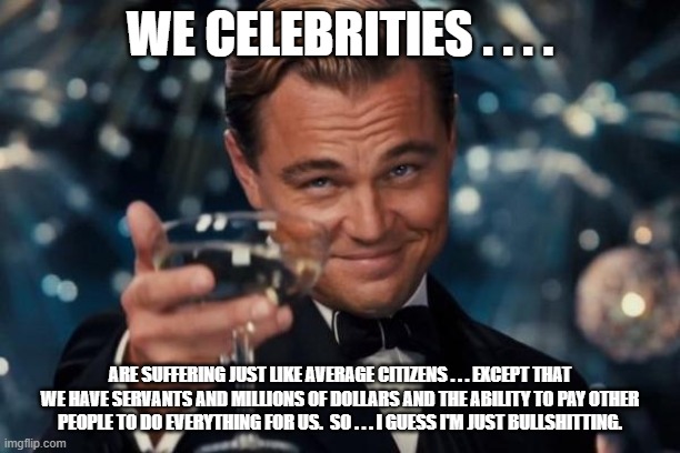 Leonardo Dicaprio Cheers Meme | WE CELEBRITIES . . . . ARE SUFFERING JUST LIKE AVERAGE CITIZENS . . . EXCEPT THAT WE HAVE SERVANTS AND MILLIONS OF DOLLARS AND THE ABILITY TO PAY OTHER PEOPLE TO DO EVERYTHING FOR US.  SO . . . I GUESS I'M JUST BULLSHITTING. | image tagged in memes,leonardo dicaprio cheers | made w/ Imgflip meme maker