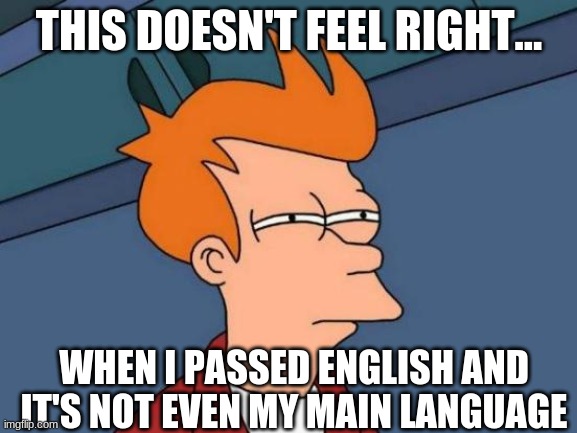 Futurama Fry | THIS DOESN'T FEEL RIGHT... WHEN I PASSED ENGLISH AND IT'S NOT EVEN MY MAIN LANGUAGE | image tagged in memes,futurama fry | made w/ Imgflip meme maker