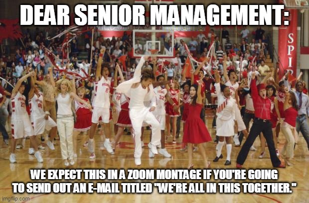 we're all in this together |  DEAR SENIOR MANAGEMENT:; WE EXPECT THIS IN A ZOOM MONTAGE IF YOU'RE GOING TO SEND OUT AN E-MAIL TITLED "WE'RE ALL IN THIS TOGETHER." | image tagged in we're all in this together | made w/ Imgflip meme maker