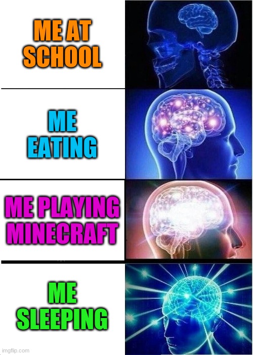 Expanding Brain | ME AT SCHOOL; ME EATING; ME PLAYING MINECRAFT; ME SLEEPING | image tagged in memes,expanding brain | made w/ Imgflip meme maker