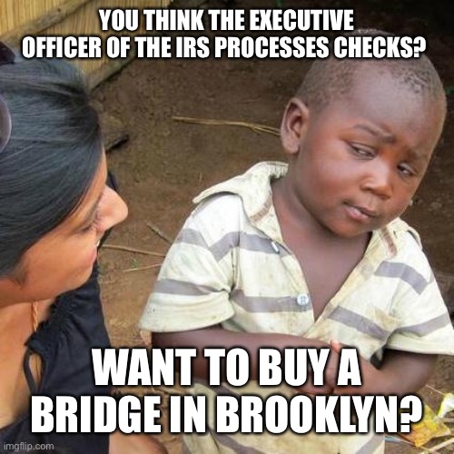 Third World Skeptical Kid Meme | YOU THINK THE EXECUTIVE OFFICER OF THE IRS PROCESSES CHECKS? WANT TO BUY A BRIDGE IN BROOKLYN? | image tagged in memes,third world skeptical kid | made w/ Imgflip meme maker
