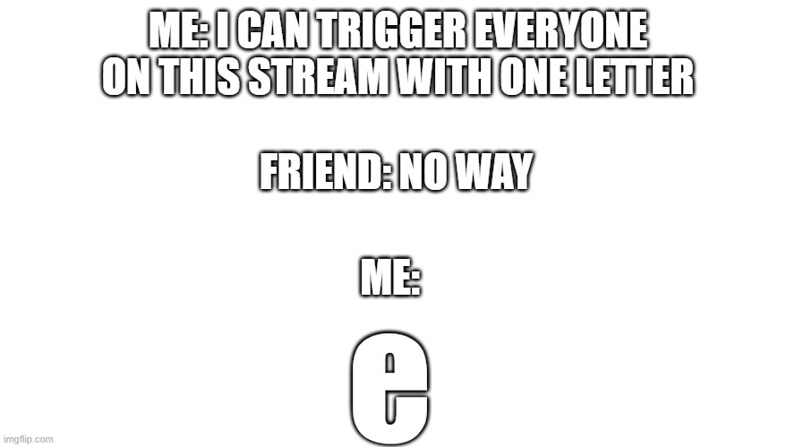 ME: I CAN TRIGGER EVERYONE ON THIS STREAM WITH ONE LETTER; FRIEND: NO WAY; ME:; e | made w/ Imgflip meme maker