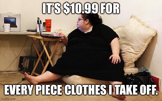 Obese Woman at Computer | IT’S $10.99 FOR; EVERY PIECE CLOTHES I TAKE OFF. | image tagged in obese woman at computer | made w/ Imgflip meme maker