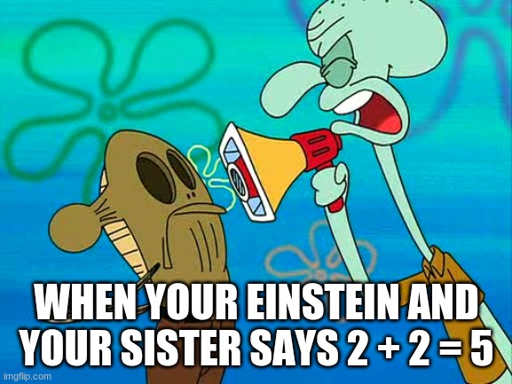 Squidward megaphone | WHEN YOUR EINSTEIN AND YOUR SISTER SAYS 2 + 2 = 5 | image tagged in squidward megaphone | made w/ Imgflip meme maker