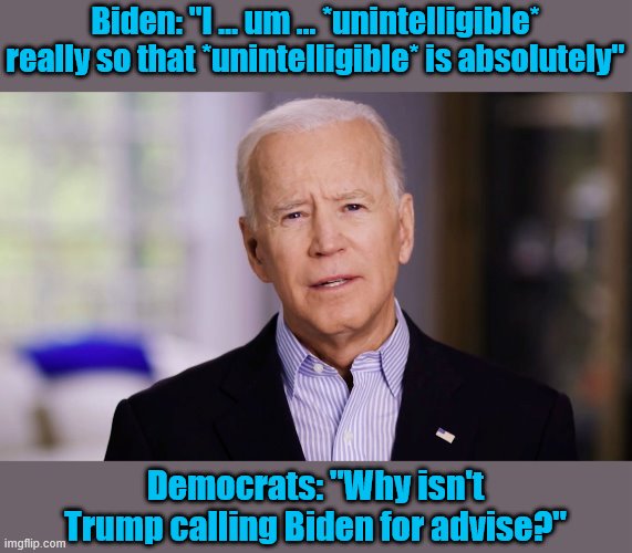 Current political situation | Biden: "I ... um ... *unintelligible* really so that *unintelligible* is absolutely"; Democrats: "Why isn't Trump calling Biden for advise?" | image tagged in joe biden 2020,democrats,dementia | made w/ Imgflip meme maker