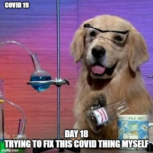 I Have No Idea What I Am Doing Dog Meme | COVID 19; DAY 18
TRYING TO FIX THIS COVID THING MYSELF | image tagged in memes,i have no idea what i am doing dog | made w/ Imgflip meme maker