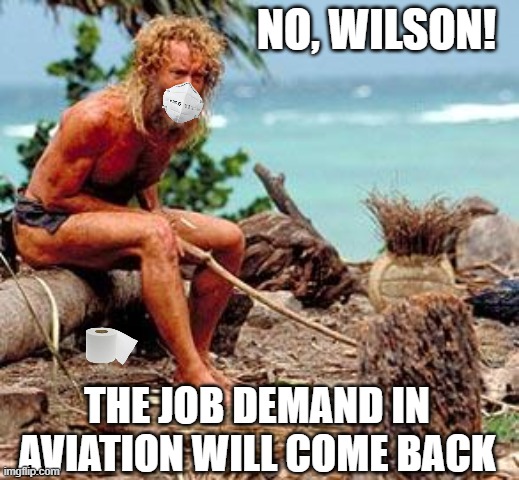 Aviation Industry Jobs Cast Away | NO, WILSON! THE JOB DEMAND IN AVIATION WILL COME BACK | image tagged in covid-19,aviation,pilot,aircraft,castaway,tom hanks | made w/ Imgflip meme maker