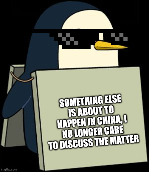 gunter penguin blank sign | SOMETHING ELSE IS ABOUT TO HAPPEN IN CHINA, I NO LONGER CARE TO DISCUSS THE MATTER | image tagged in gunter penguin blank sign | made w/ Imgflip meme maker