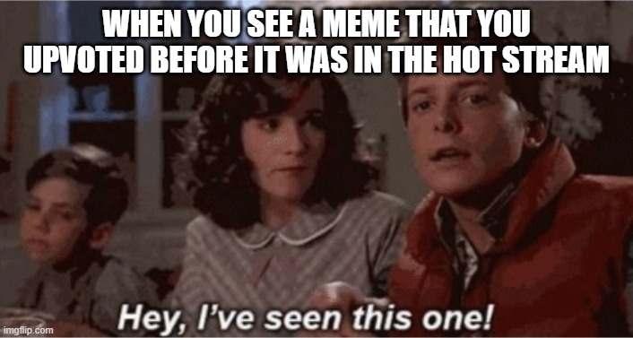 Hey I've seen this one | WHEN YOU SEE A MEME THAT YOU UPVOTED BEFORE IT WAS IN THE HOT STREAM | image tagged in hey i've seen this one | made w/ Imgflip meme maker