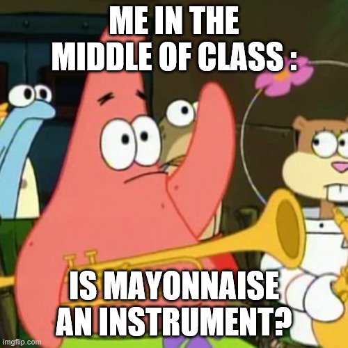 No Patrick | ME IN THE MIDDLE OF CLASS :; IS MAYONNAISE AN INSTRUMENT? | image tagged in memes,no patrick | made w/ Imgflip meme maker