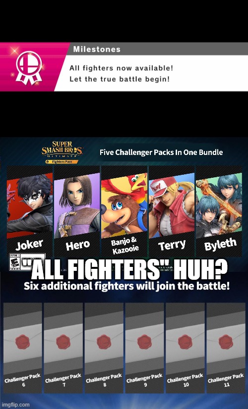 They only say this for in-game fighters | "ALL FIGHTERS" HUH? | image tagged in fighters pass vol 2,fighters pass,super smash bros,dlc,characters | made w/ Imgflip meme maker