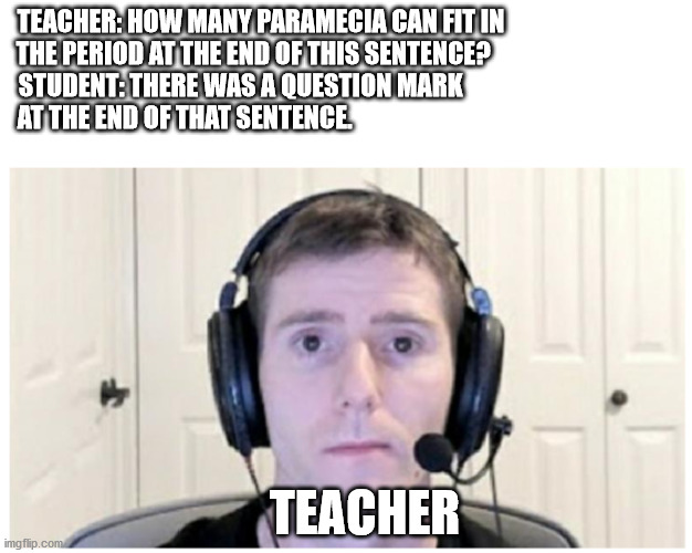 Sad Linus | TEACHER: HOW MANY PARAMECIA CAN FIT IN
 THE PERIOD AT THE END OF THIS SENTENCE?    
STUDENT: THERE WAS A QUESTION MARK        
 AT THE END OF THAT SENTENCE. TEACHER | image tagged in sad linus | made w/ Imgflip meme maker