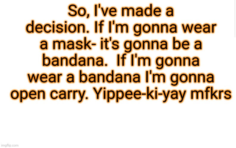 Yipee! | So, I've made a decision. If I'm gonna wear a mask- it's gonna be a bandana.  If I'm gonna wear a bandana I'm gonna open carry. Yippee-ki-yay mfkrs | image tagged in blank meme template,masks,guns,open carry,second amendment | made w/ Imgflip meme maker