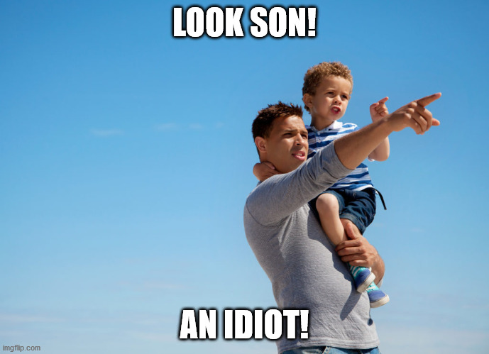 LOOK SON! AN IDIOT! | image tagged in son,father,idiot | made w/ Imgflip meme maker