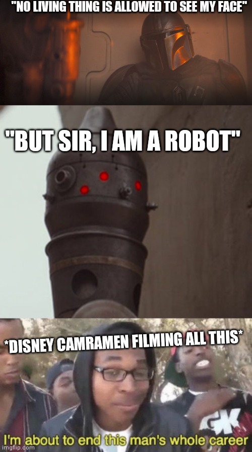 "NO LIVING THING IS ALLOWED TO SEE MY FACE"; "BUT SIR, I AM A ROBOT"; *DISNEY CAMRAMEN FILMING ALL THIS* | image tagged in im about to end this mans whole career,memes,the mandalorian,funny | made w/ Imgflip meme maker