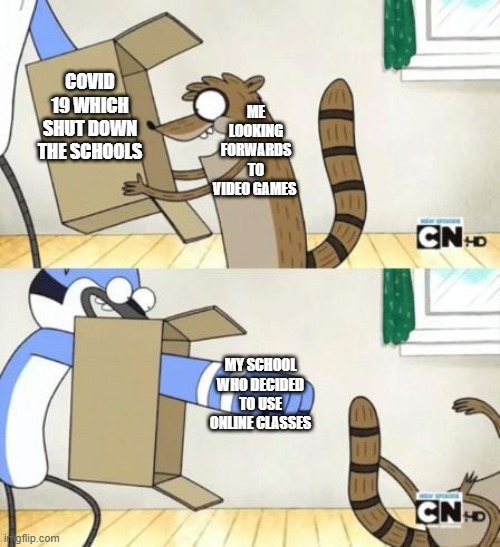 Mordecai Punches Rigby Through a Box | COVID 19 WHICH SHUT DOWN THE SCHOOLS; ME LOOKING FORWARDS TO VIDEO GAMES; MY SCHOOL WHO DECIDED TO USE ONLINE CLASSES | image tagged in mordecai punches rigby through a box | made w/ Imgflip meme maker