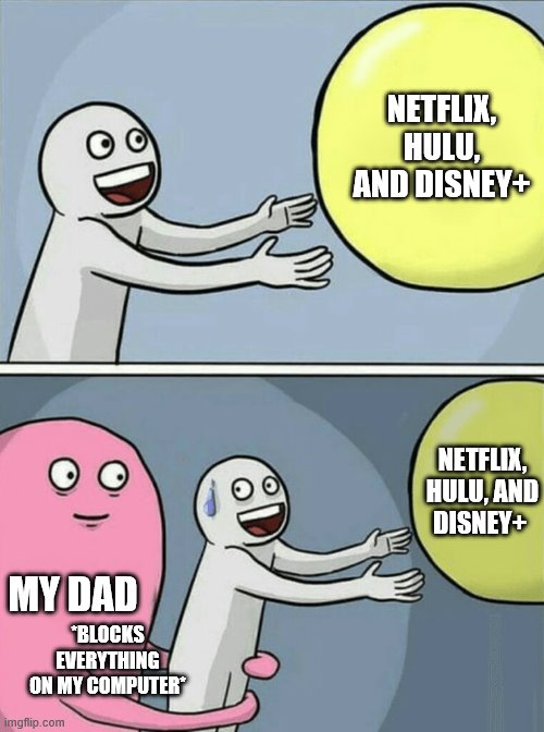 Running Away Balloon Meme | NETFLIX, HULU, AND DISNEY+; NETFLIX, HULU, AND DISNEY+; MY DAD; *BLOCKS EVERYTHING ON MY COMPUTER* | image tagged in memes,running away balloon | made w/ Imgflip meme maker