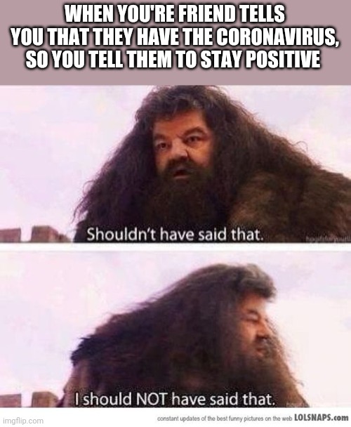 I shouldn't have said that | WHEN YOU'RE FRIEND TELLS YOU THAT THEY HAVE THE CORONAVIRUS, SO YOU TELL THEM TO STAY POSITIVE | image tagged in i shouldn't have said that | made w/ Imgflip meme maker