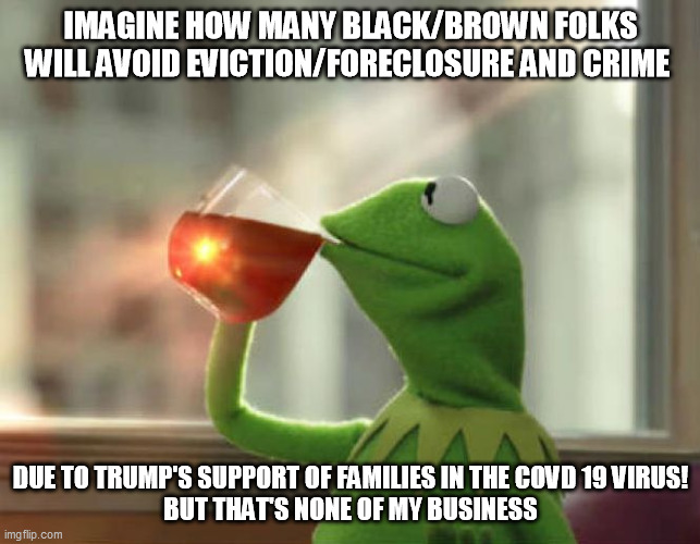 But That's None Of My Business (Neutral) | IMAGINE HOW MANY BLACK/BROWN FOLKS WILL AVOID EVICTION/FORECLOSURE AND CRIME; DUE TO TRUMP'S SUPPORT OF FAMILIES IN THE COVD 19 VIRUS!
BUT THAT'S NONE OF MY BUSINESS | image tagged in memes,but that's none of my business neutral | made w/ Imgflip meme maker
