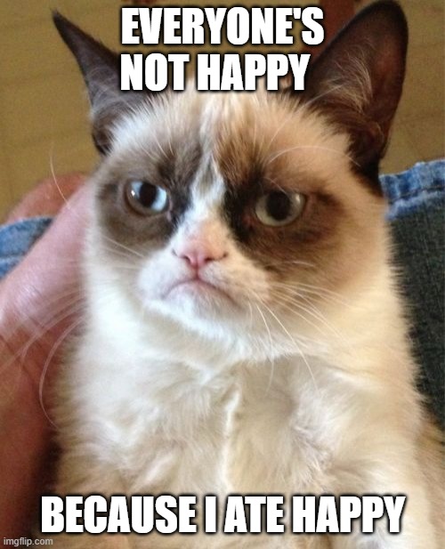 Grumpy Cat Meme | EVERYONE'S NOT HAPPY; BECAUSE I ATE HAPPY | image tagged in memes,grumpy cat | made w/ Imgflip meme maker