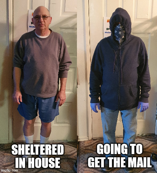 going outside | GOING TO GET THE MAIL; SHELTERED IN HOUSE | image tagged in ready | made w/ Imgflip meme maker