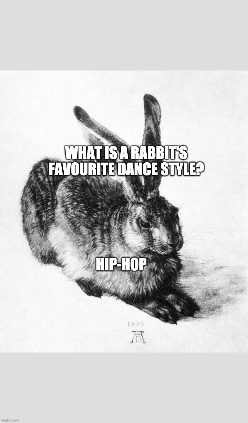 Durers Hare 1515 | WHAT IS A RABBIT'S FAVOURITE DANCE STYLE? HIP-HOP | image tagged in durers hare 1515 | made w/ Imgflip meme maker