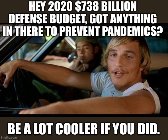 Matthew Mcconaughey | HEY 2020 $738 BILLION DEFENSE BUDGET, GOT ANYTHING IN THERE TO PREVENT PANDEMICS? BE A LOT COOLER IF YOU DID. | image tagged in matthew mcconaughey | made w/ Imgflip meme maker