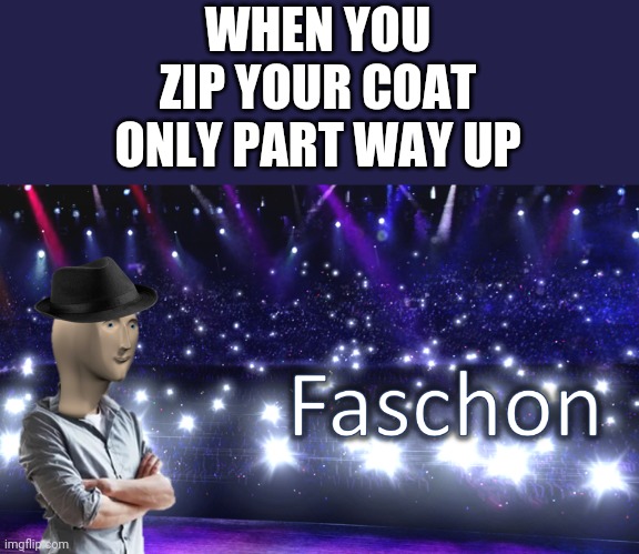 Meme Man Fashion | WHEN YOU ZIP YOUR COAT ONLY PART WAY UP | image tagged in meme man fashion,zipper,memes,fashion | made w/ Imgflip meme maker