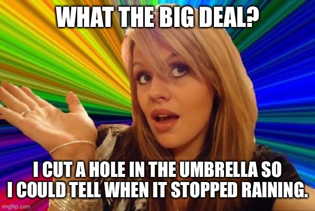 stupid girl meme | WHAT THE BIG DEAL? I CUT A HOLE IN THE UMBRELLA SO I COULD TELL WHEN IT STOPPED RAINING. | image tagged in stupid girl meme | made w/ Imgflip meme maker