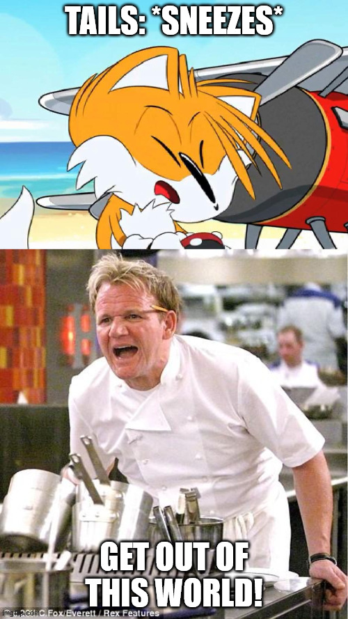 TAILS: *SNEEZES*; GET OUT OF THIS WORLD! | image tagged in memes,chef gordon ramsay,tails sneeze | made w/ Imgflip meme maker