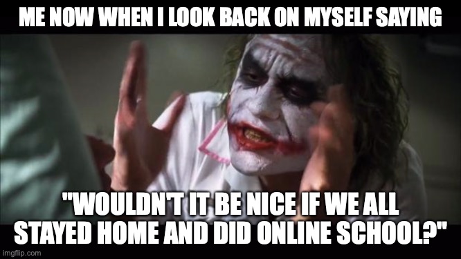 And everybody loses their minds Meme | ME NOW WHEN I LOOK BACK ON MYSELF SAYING; "WOULDN'T IT BE NICE IF WE ALL STAYED HOME AND DID ONLINE SCHOOL?" | image tagged in memes,and everybody loses their minds | made w/ Imgflip meme maker