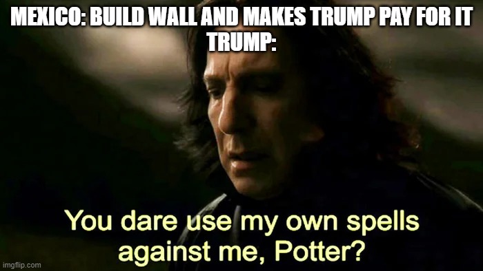 snape | MEXICO: BUILD WALL AND MAKES TRUMP PAY FOR IT

TRUMP: | image tagged in harry potter,snape | made w/ Imgflip meme maker