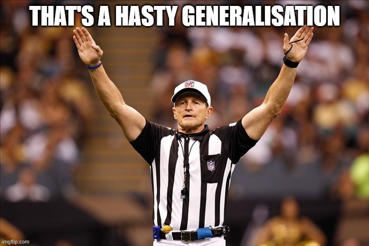 Logical Fallacy Referee NFL #85 | THAT'S A HASTY GENERALISATION | image tagged in logical fallacy referee nfl 85 | made w/ Imgflip meme maker