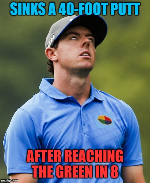Golf eye roll | SINKS A 40-FOOT PUTT; AFTER REACHING THE GREEN IN 8 | image tagged in golf eye roll,golf,putt,green,fairway,tee | made w/ Imgflip meme maker