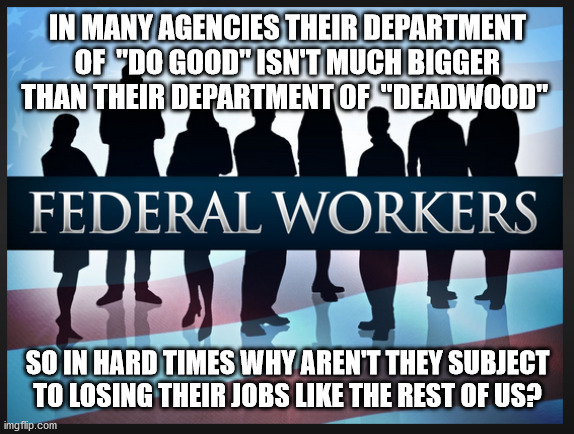Why so special? | IN MANY AGENCIES THEIR DEPARTMENT OF  "DO GOOD" ISN'T MUCH BIGGER THAN THEIR DEPARTMENT OF  "DEADWOOD"; SO IN HARD TIMES WHY AREN'T THEY SUBJECT TO LOSING THEIR JOBS LIKE THE REST OF US? | image tagged in big government | made w/ Imgflip meme maker