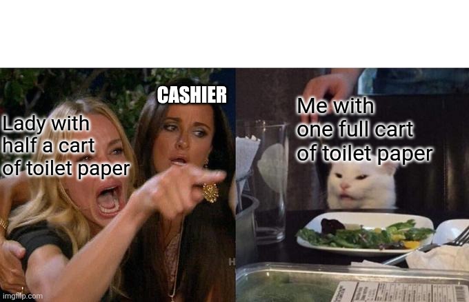 Woman Yelling At Cat | CASHIER; Me with one full cart of toilet paper; Lady with half a cart of toilet paper | image tagged in memes,woman yelling at cat | made w/ Imgflip meme maker