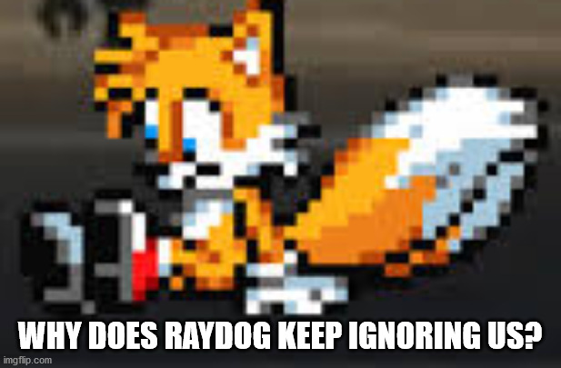 depressed tails | WHY DOES RAYDOG KEEP IGNORING US? | image tagged in depressed tails | made w/ Imgflip meme maker