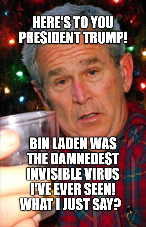 Tough times to be President! | HERE'S TO YOU
PRESIDENT TRUMP! BIN LADEN WAS THE DAMNEDEST INVISIBLE VIRUS I'VE EVER SEEN!
 WHAT I JUST SAY? | image tagged in memes,politics,political meme,funny memes,trump | made w/ Imgflip meme maker